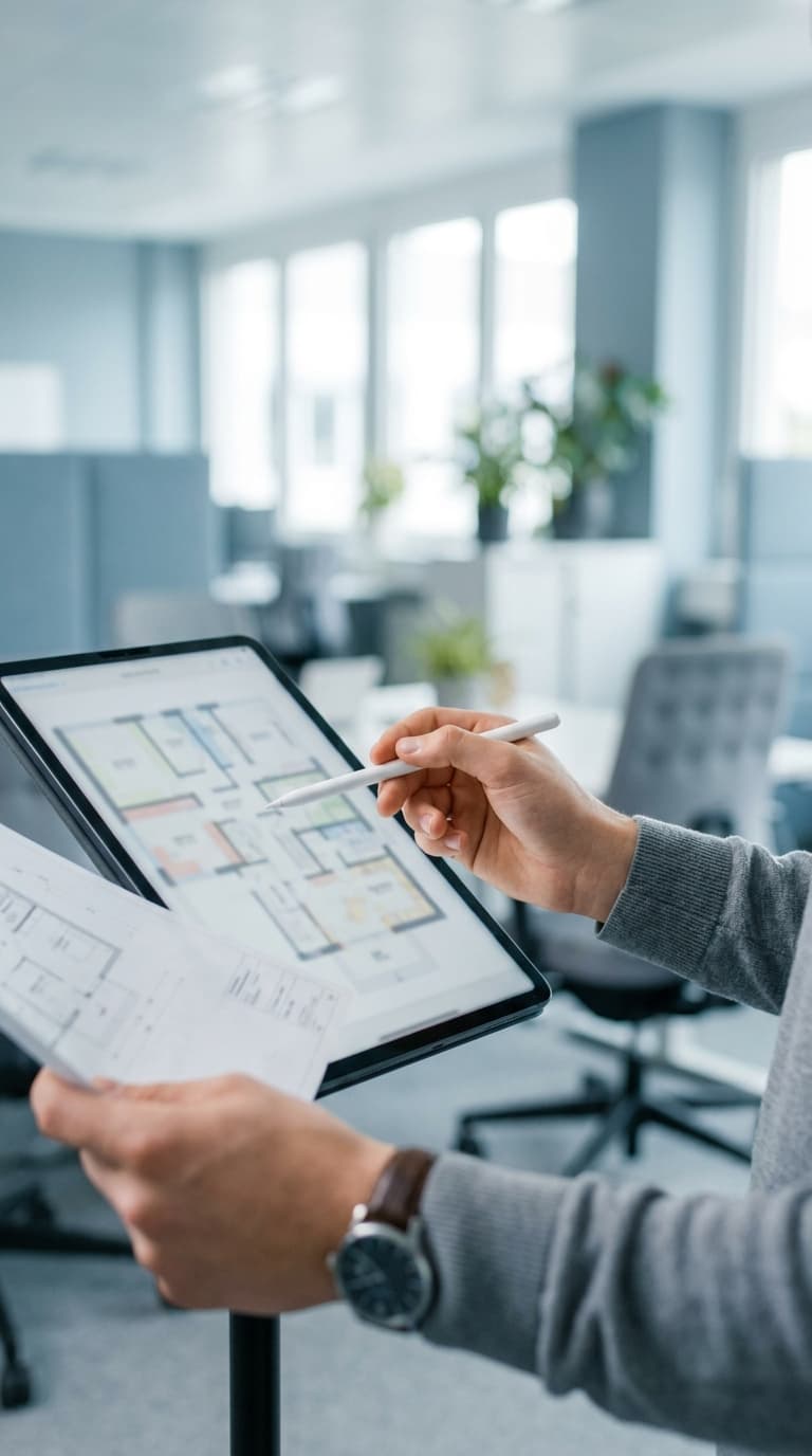 Person zeigt mit einem Eingabestift auf einen digitalen Grundriss auf einem Tablet und hält einen gedruckten Plan.