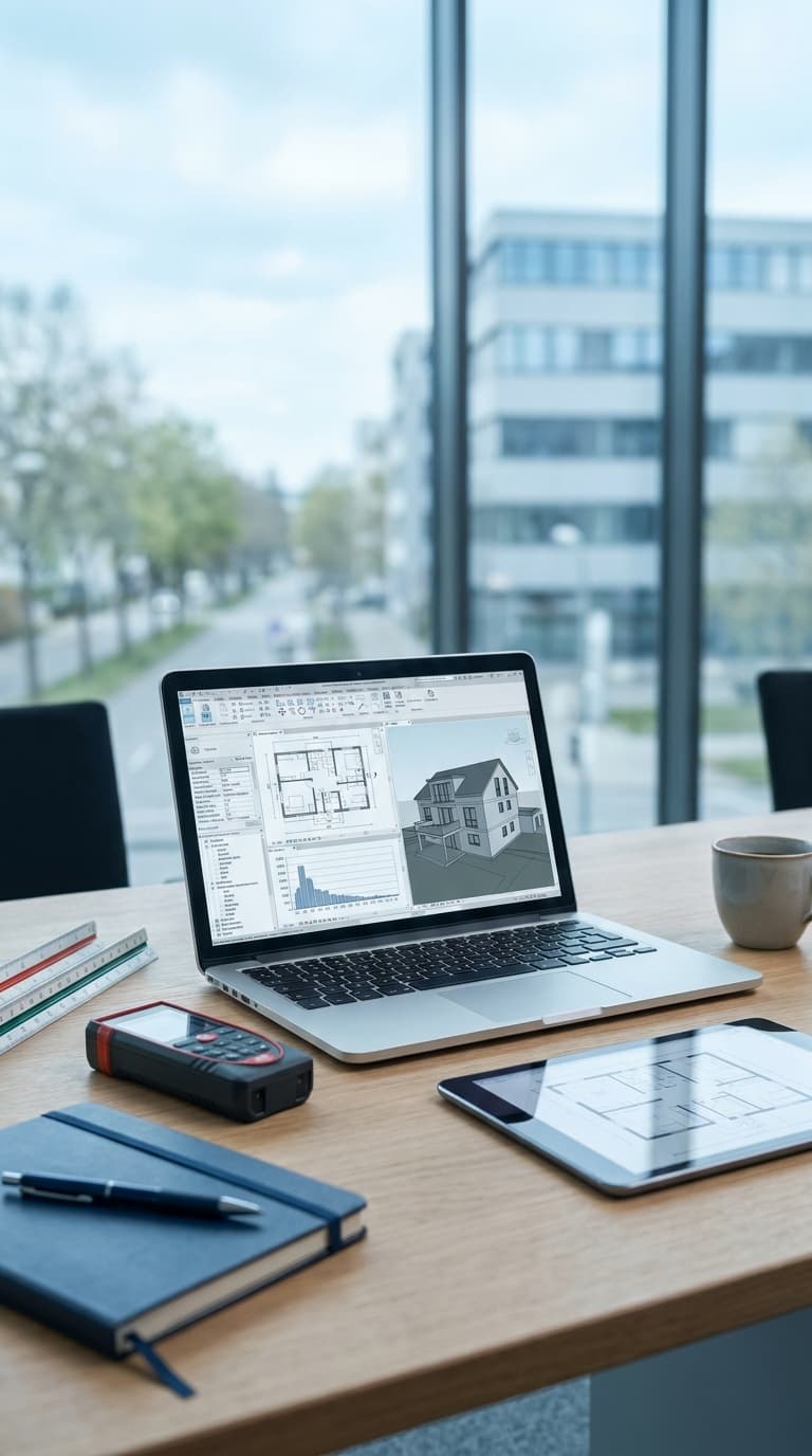 Arbeitsplatz für Bauplanung mit Laptop für 3D-Modelle, Tablet mit Grundriss, Lasermessgerät und Notizbuch.