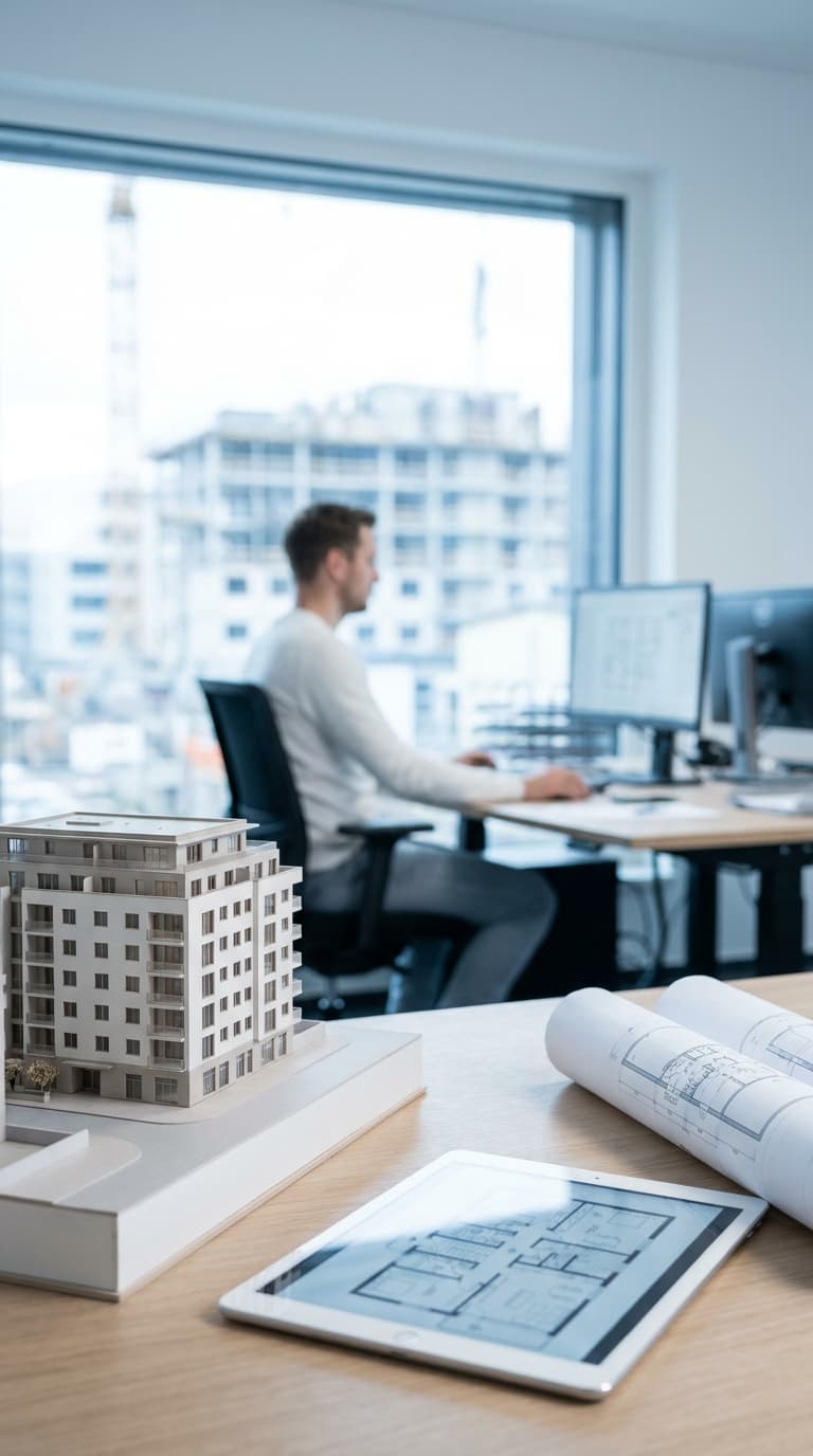 Ein Architekt arbeitet am PC; im Vordergrund liegen ein Gebäudemodell, Baupläne und ein Tablet mit Grundriss.
