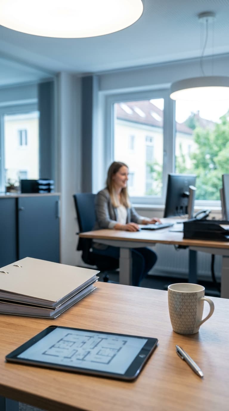 Tablet mit Grundriss und Kaffeetasse auf einem Schreibtisch, im Hintergrund arbeitet eine Frau am PC.