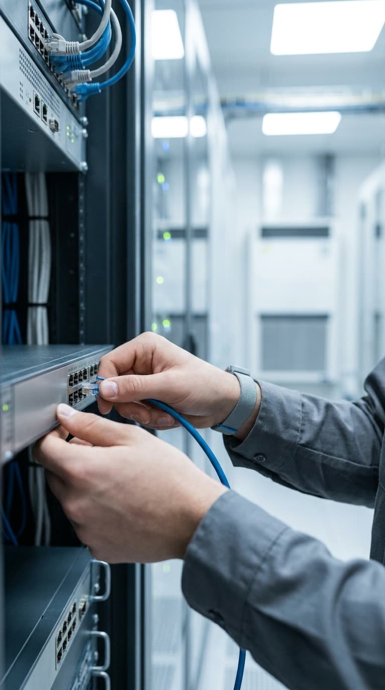 Eine IT-Fachkraft schließt im Serverraum ein blaues Netzwerkkabel an einen Switch an.