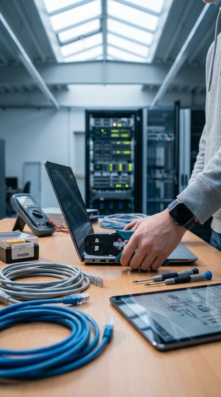 IT-Fachkraft arbeitet mit Crimpzange, Laptop und Netzwerkkabeln am Labortisch im Serverraum.