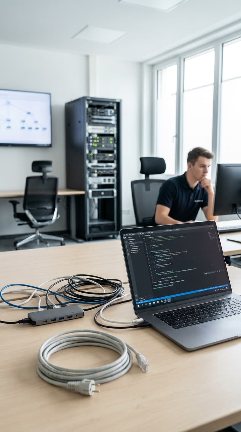 Ein Fachinformatiker arbeitet im Hintergrund am PC, davor liegt ein Laptop mit Programmiercode und Netzwerkkabeln.