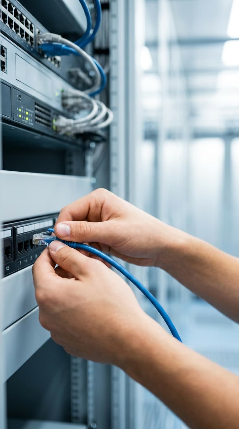 Hände stecken ein blaues Netzwerkkabel in ein Patchpanel im Serverraum.