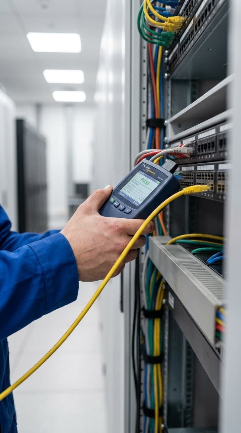 Eine IT-Fachkraft prüft mit einem Netzwerktester die Kabelverbindungen an einem Serverrack.