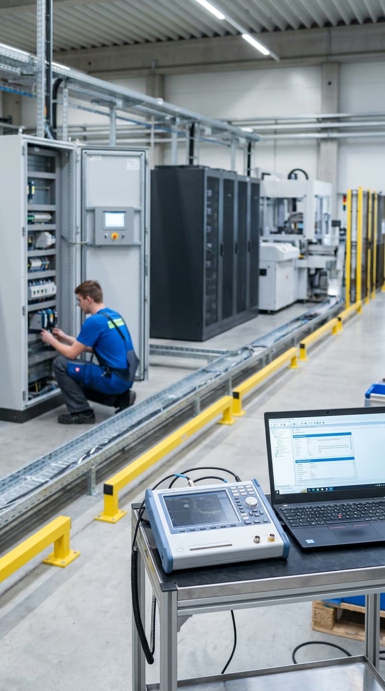 Ein Elektroniker verkabelt einen Schaltschrank in einer Werkhalle, im Vordergrund ein Laptop und ein Messgerät.