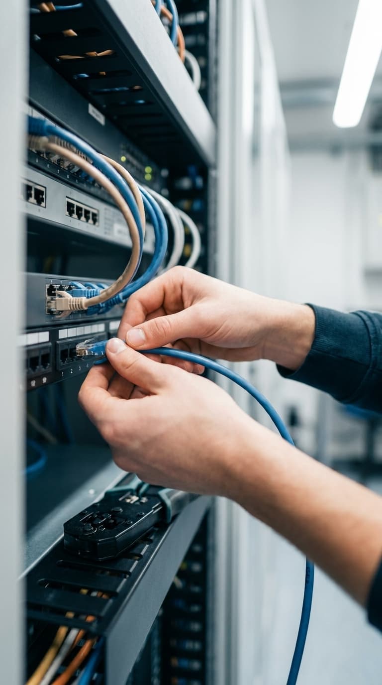 Eine IT-Fachkraft schließt ein blaues Netzwerkkabel in einem Serverschrank an.
