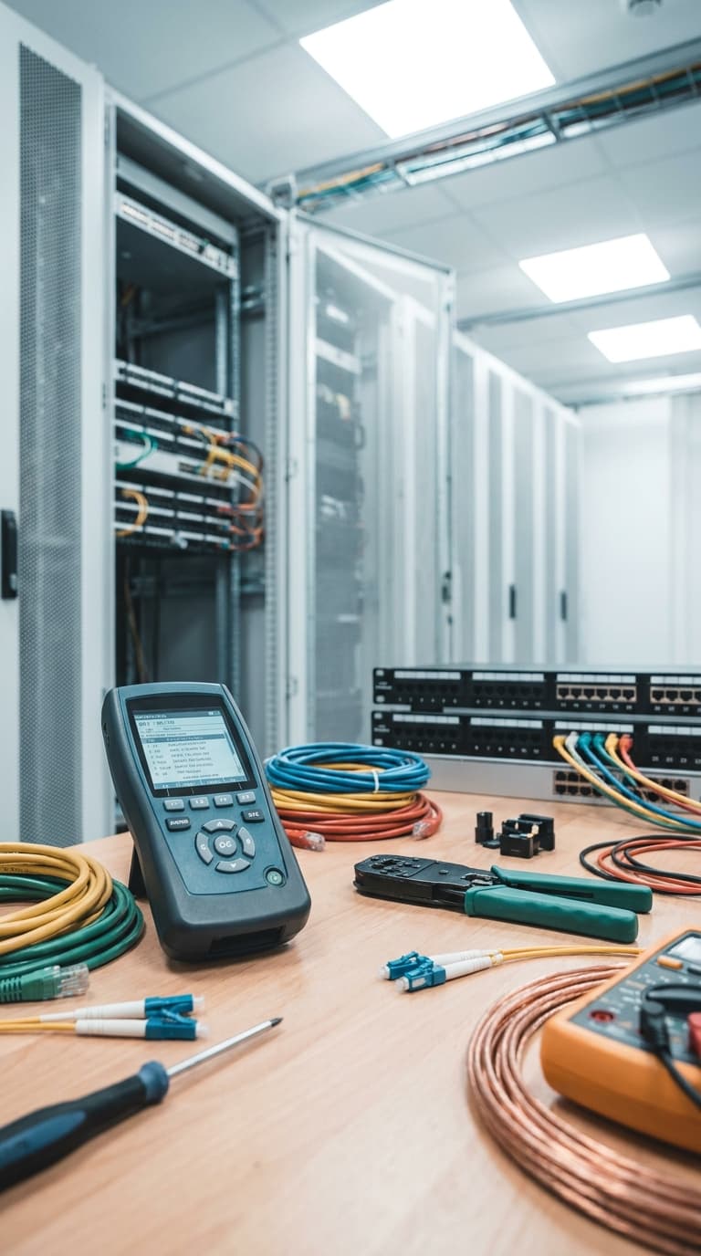 Netzwerktester, Crimpzange und bunte Kabel liegen auf einer Werkbank vor Serverschränken im Rechenzentrum.