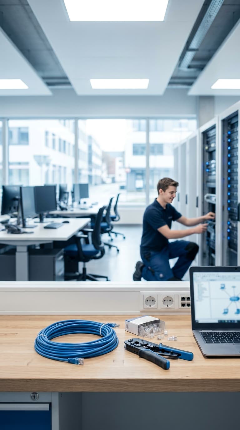 Ein Fachinformatiker verkabelt Server; im Vordergrund liegen Netzwerkkabel, eine Crimpzange und ein Laptop bereit.