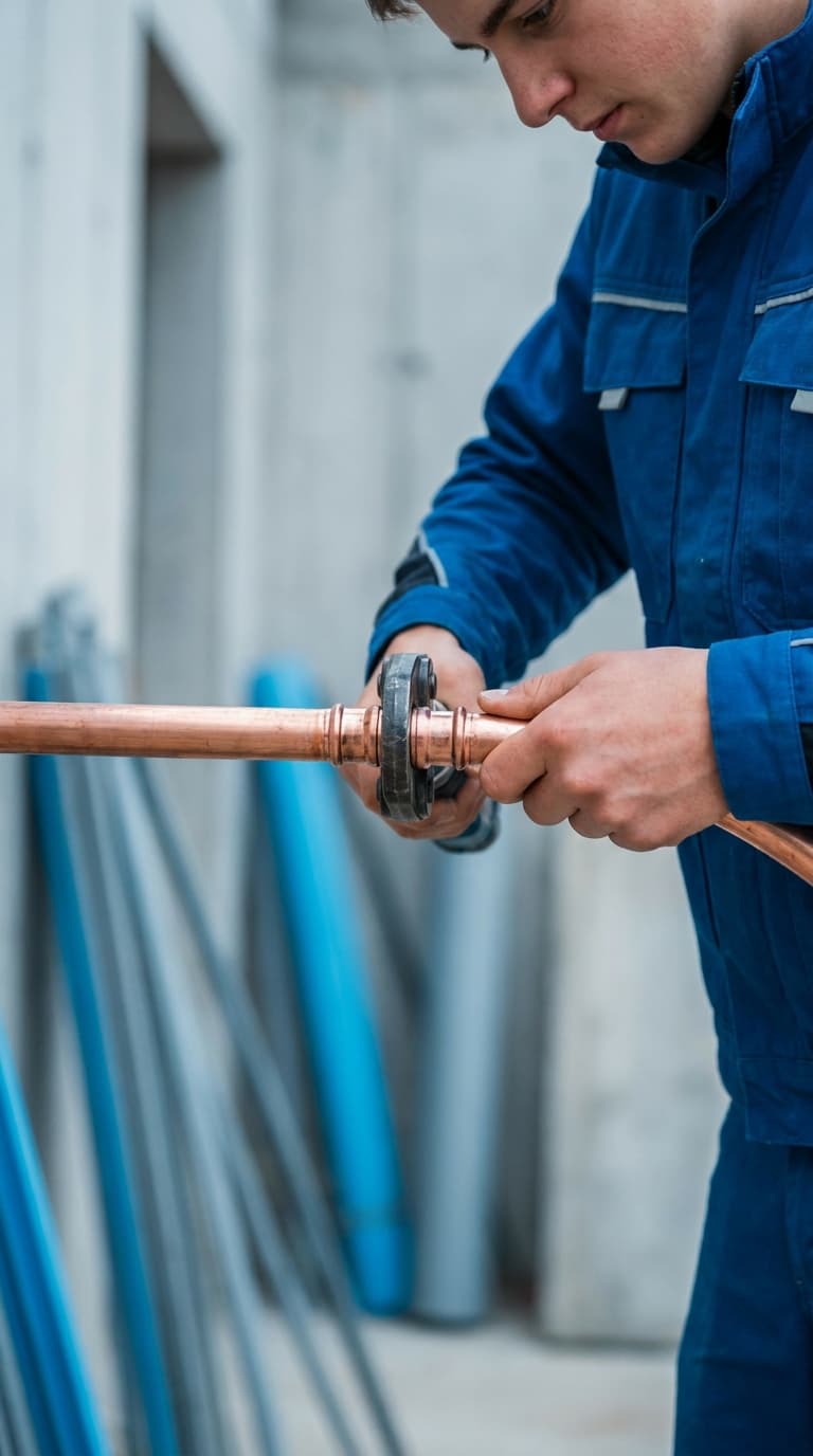 Ein Anlagenmechaniker in blauer Arbeitskleidung presst ein Kupferrohr mit einer Presszange auf einer Baustelle.