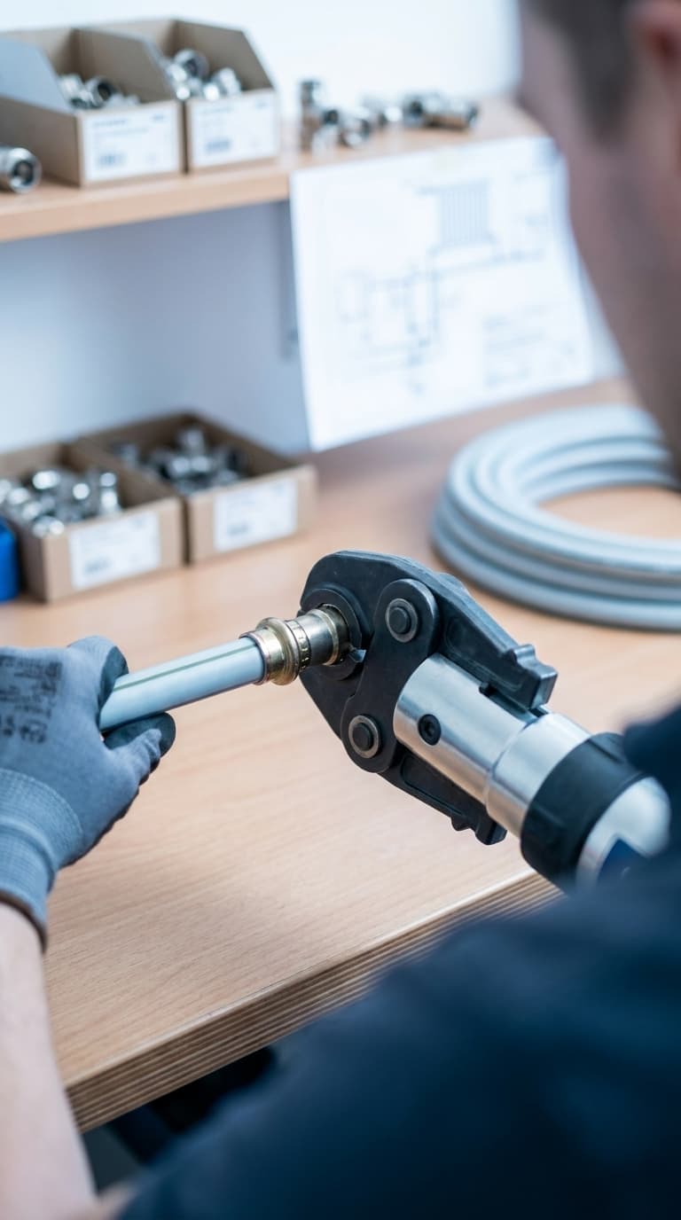 Ein Handwerker verpresst an einer Werkbank mit einer Presszange ein Metallfitting auf einem Rohr.