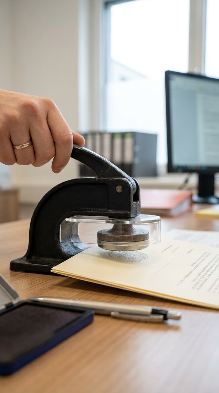 Eine Hand prägt mit einer schwarzen Prägepresse ein Dokument auf einem hölzernen Schreibtisch im Büro.