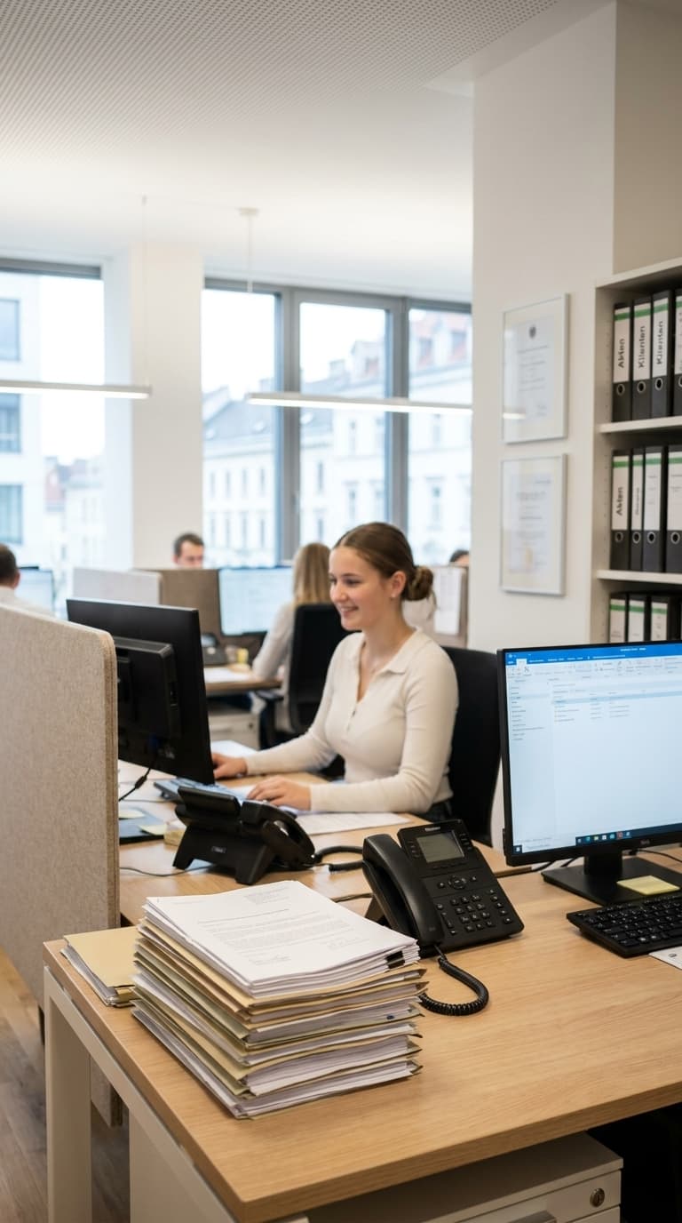Eine Büroangestellte arbeitet lächelnd am Computer an einem Schreibtisch mit einem großen Aktenstapel.