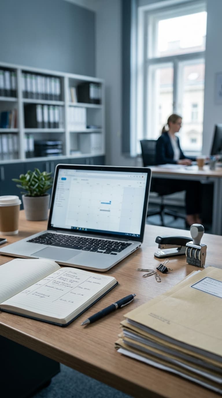 Schreibtisch mit Laptop, Notizbuch und Unterlagen im Vordergrund; im Hintergrund arbeitet eine Kollegin am Computer.