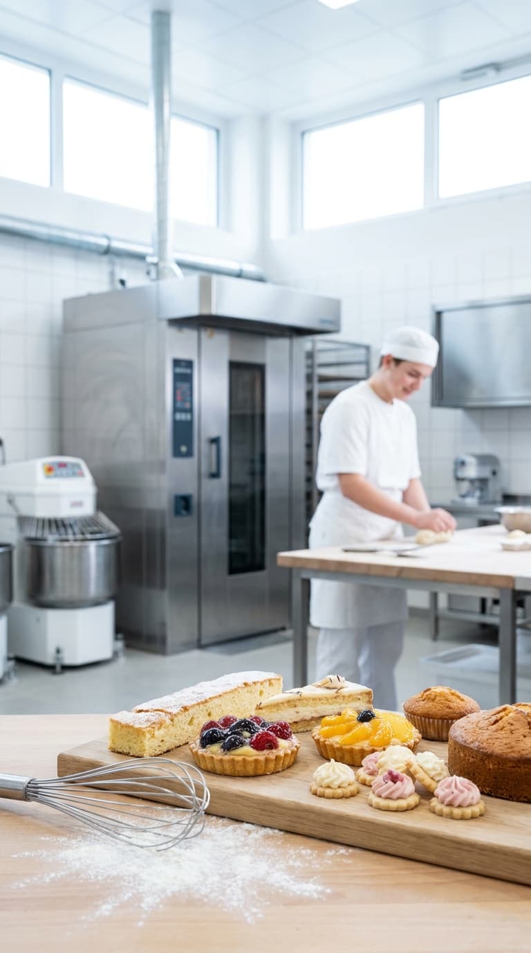 Ein Bäcker knetet im Hintergrund Teig; vorn liegen verschiedene Kuchen und Törtchen auf einem Holzbrett mit Schneebesen.