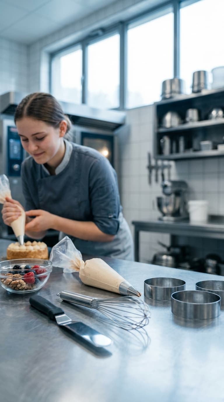 Eine Konditorin dekoriert in einer Backstube eine kleine Torte mit einem Spritzbeutel.
