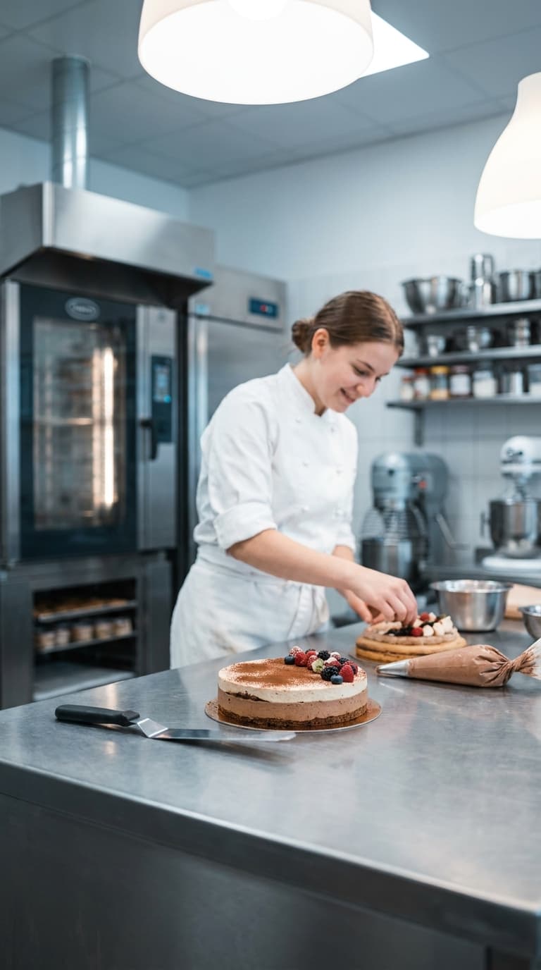 Eine Konditorin dekoriert auf einer Arbeitsfläche in einer Backstube eine Torte mit Beeren.