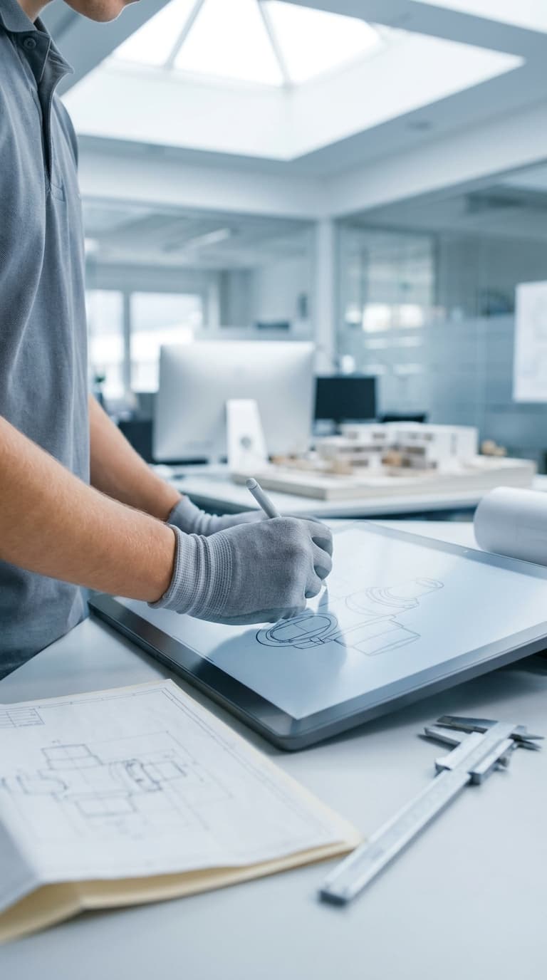 Ein technischer Zeichner mit Handschuhen skizziert ein Bauteil auf einem Grafiktablett neben einem Messschieber.