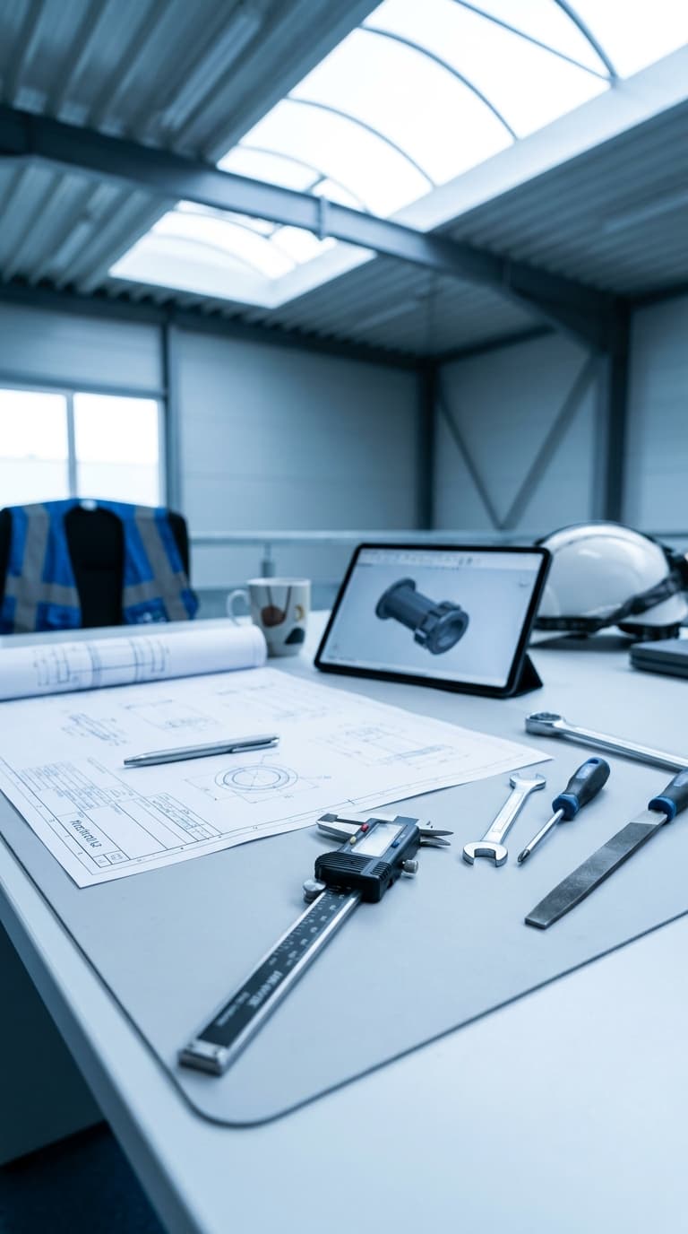 Technische Zeichnung, digitaler Messschieber, Werkzeuge, Schutzhelm und Tablet mit CAD-Modell auf einem Arbeitstisch.