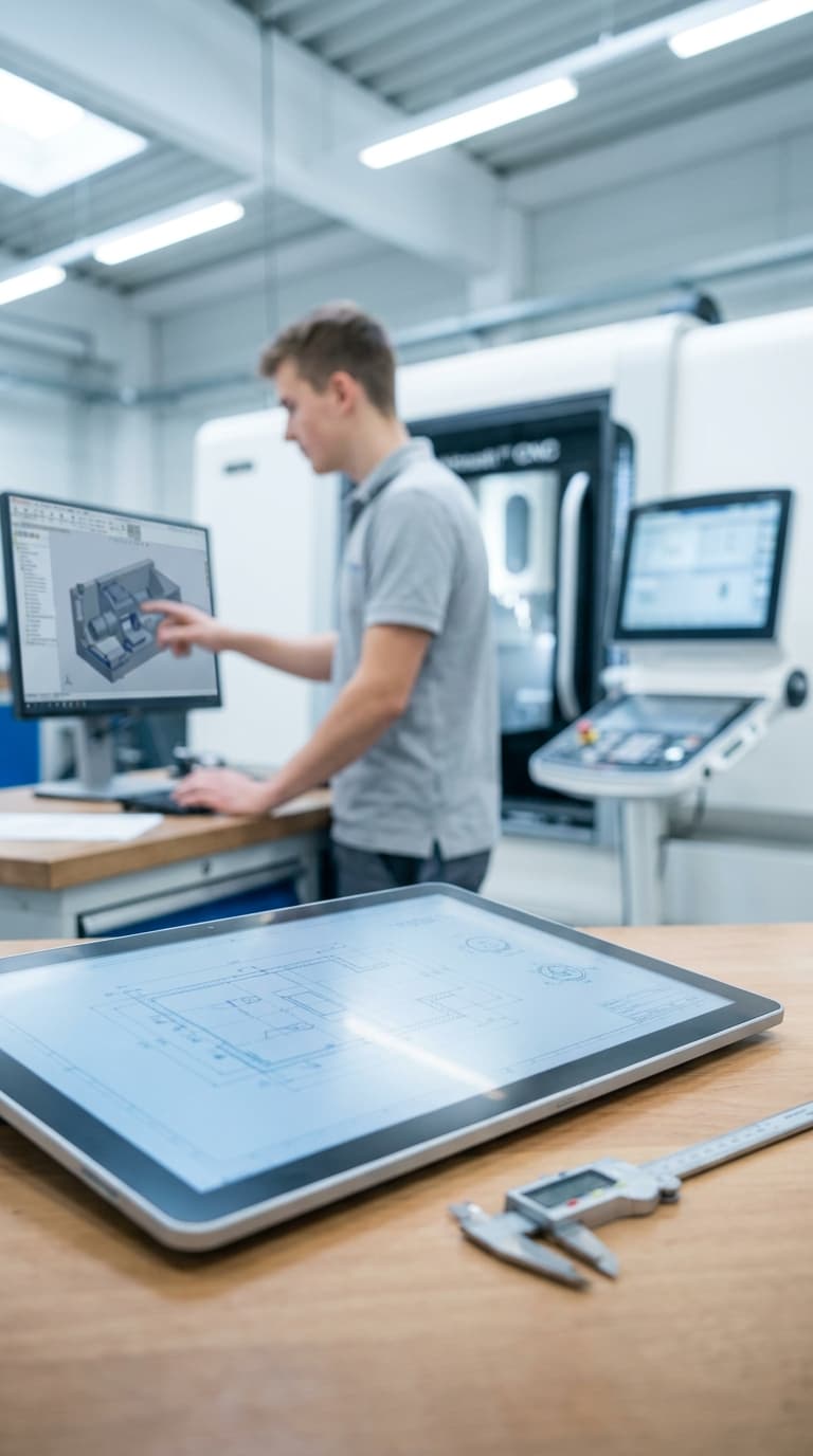Techniker am PC vor CNC-Maschine; im Vordergrund liegen ein Tablet mit technischer Zeichnung und ein Messschieber.