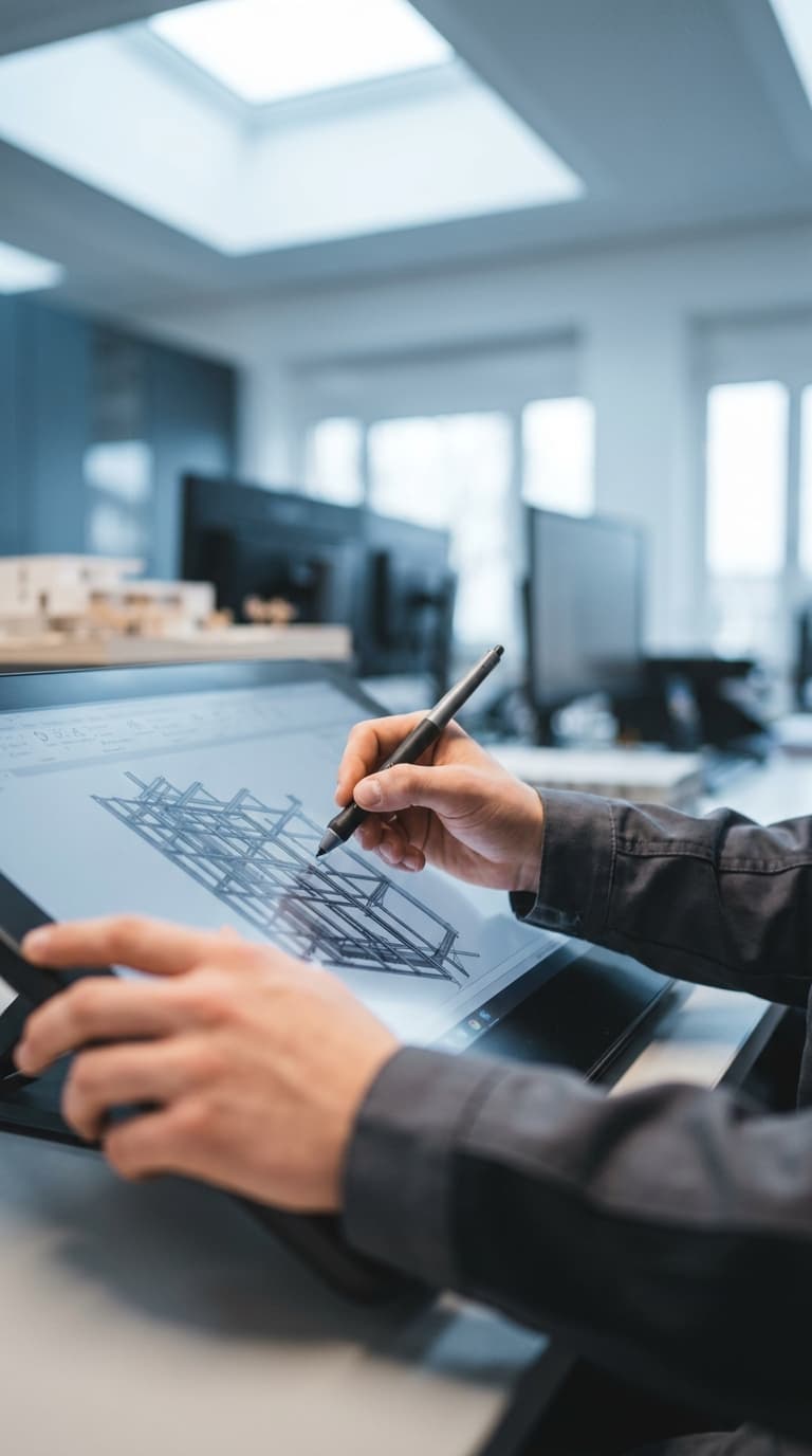 Eine Person bearbeitet mit einem Eingabestift eine 3D-Stahlkonstruktion auf einem Grafiktablett.