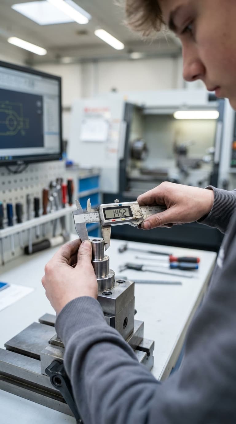 Ein Lehrling misst in einer Werkstatt ein Metallwerkstück mit einem digitalen Messschieber.