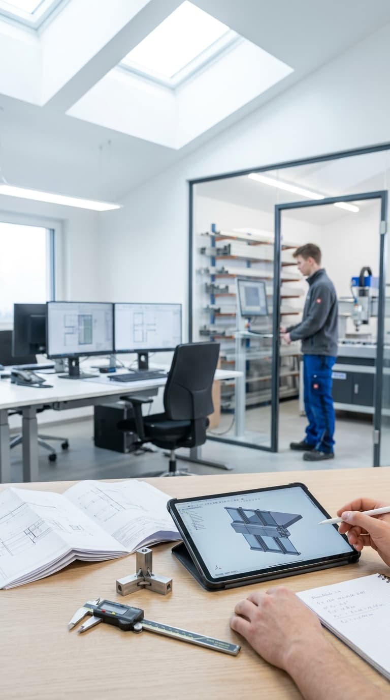 Hände planen ein Bauteil am Tablet mit Messschieber und Zeichnungen; im Hintergrund arbeitet ein Mann an einer Maschine.