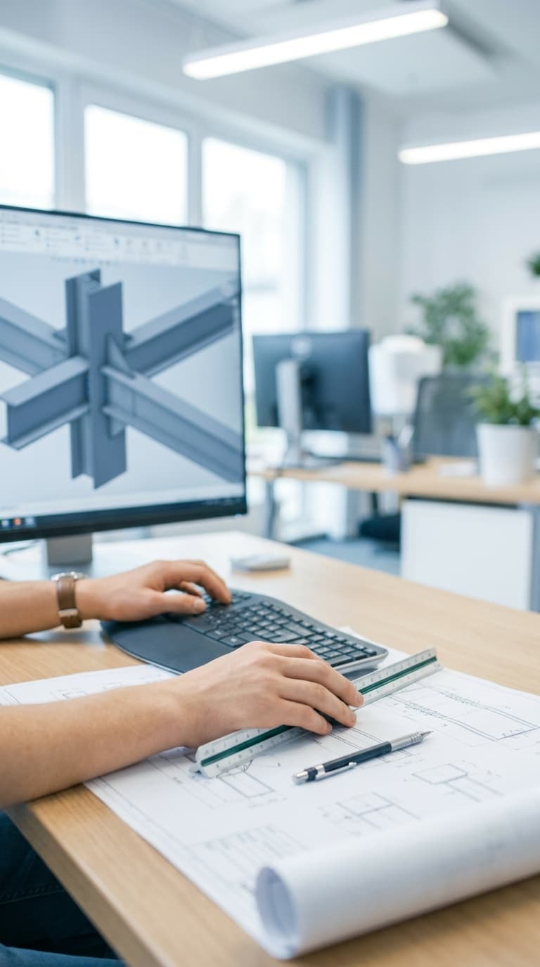 Hände an Tastatur und Dreikantmaßstab beim Bearbeiten eines Bauplans vor einem CAD-Monitor.