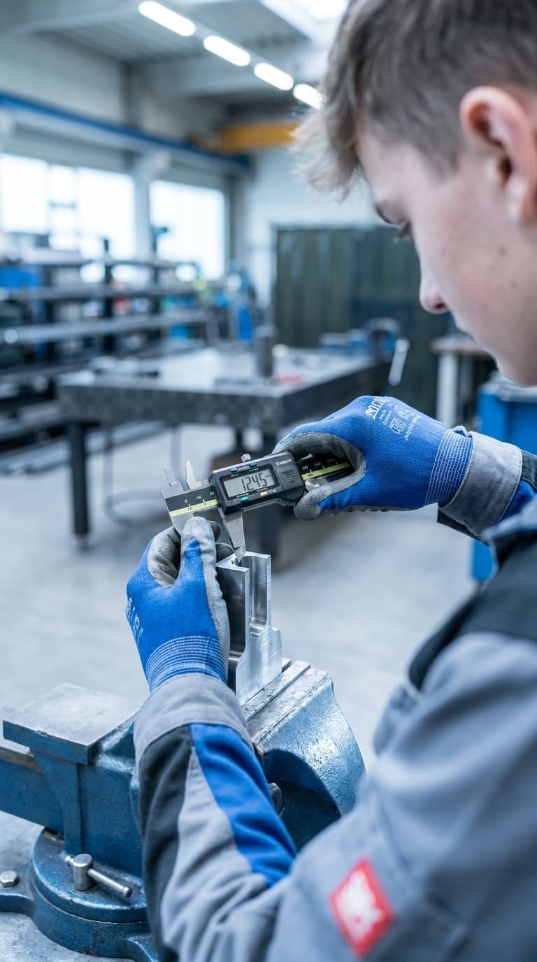Ein Lehrling in einer Werkstatt misst mit einem digitalen Messschieber ein Werkstück im Schraubstock.