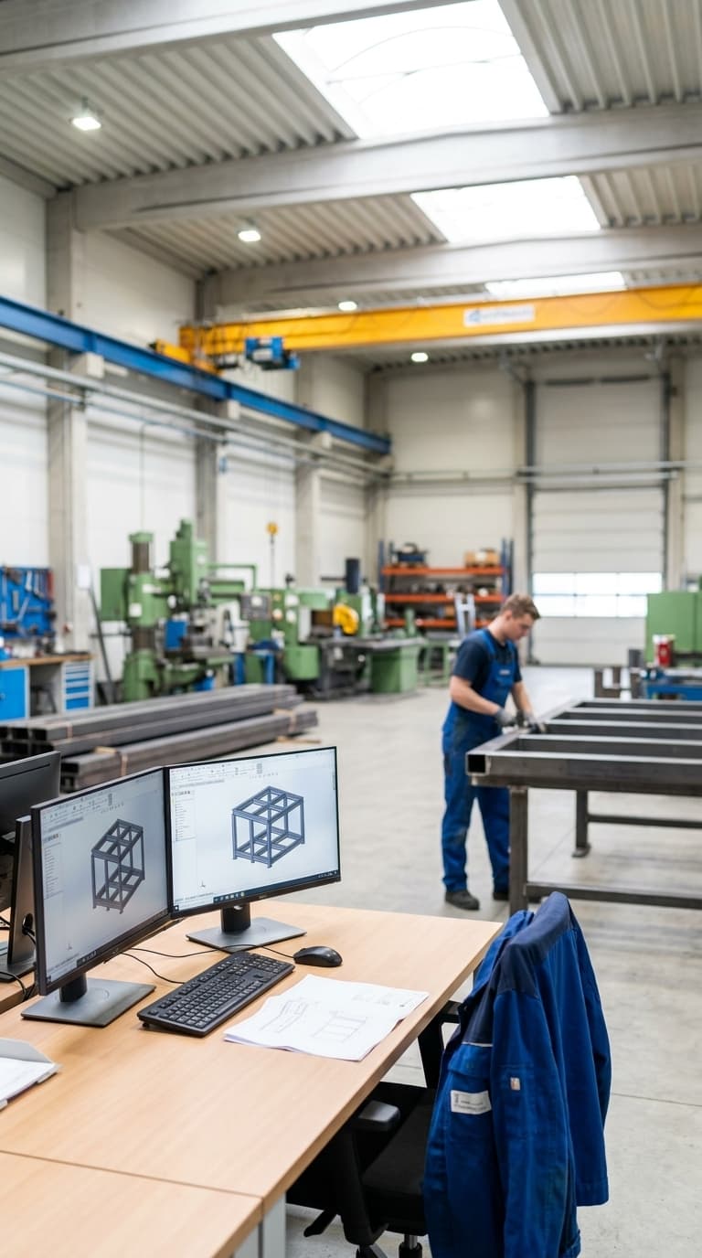 Schreibtisch mit CAD-Modellen auf Monitoren vor einer Werkstatthalle, in der ein Metallbauer an einem Gestell arbeitet.