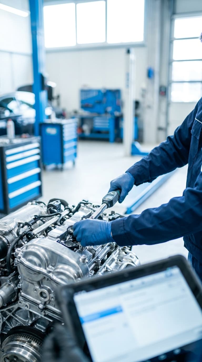 Ein Kfz-Mechatroniker arbeitet mit einem digitalen Drehmomentschlüssel an einem Automotor in einer Werkstatt.