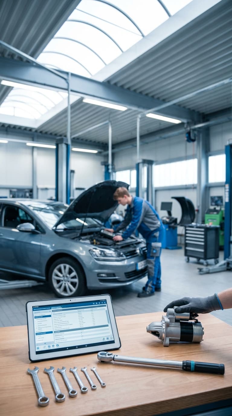 Ein Kfz-Mechatroniker arbeitet am Auto, während im Vordergrund Werkzeuge, ein Anlasser und ein Tablet bereitliegen.