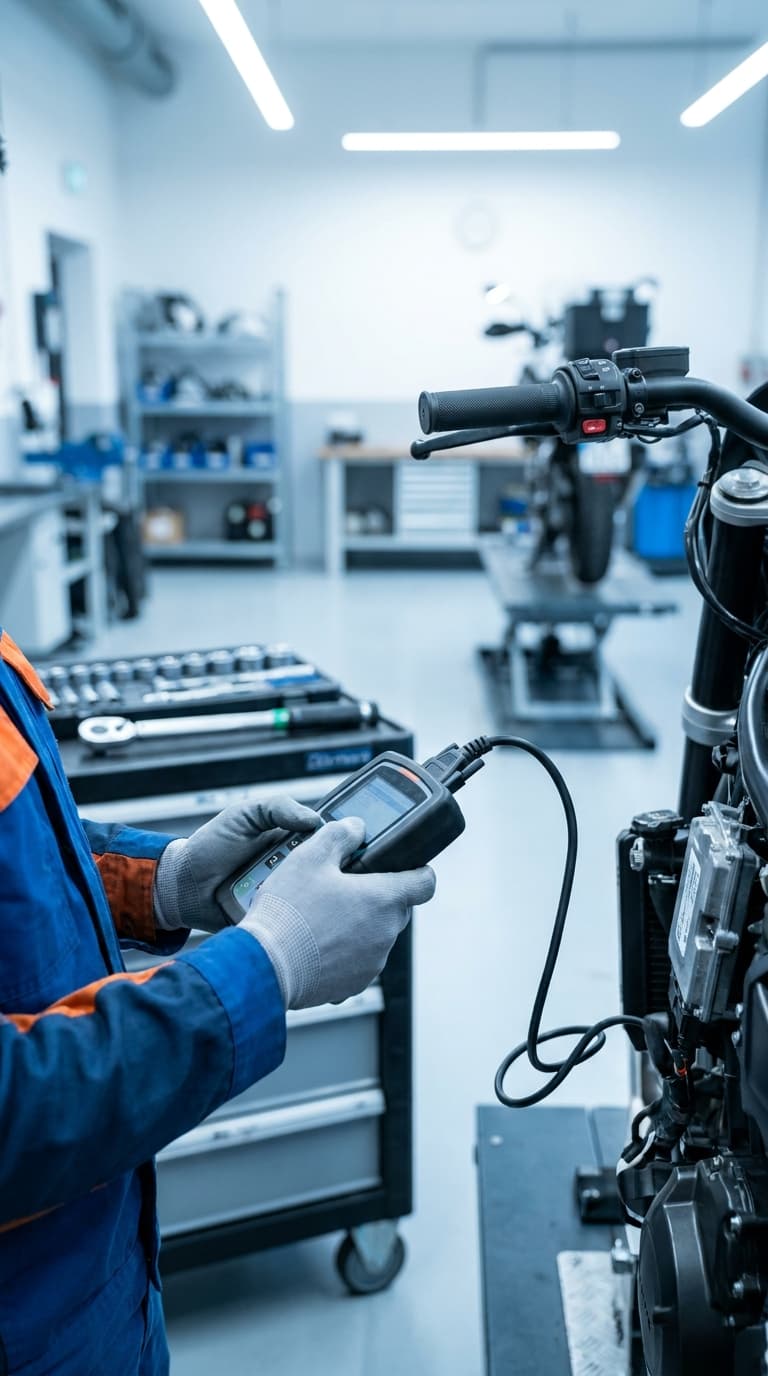 Zweiradmechatroniker*in prüft ein Motorrad mit einem Diagnosegerät in einer Werkstatt.