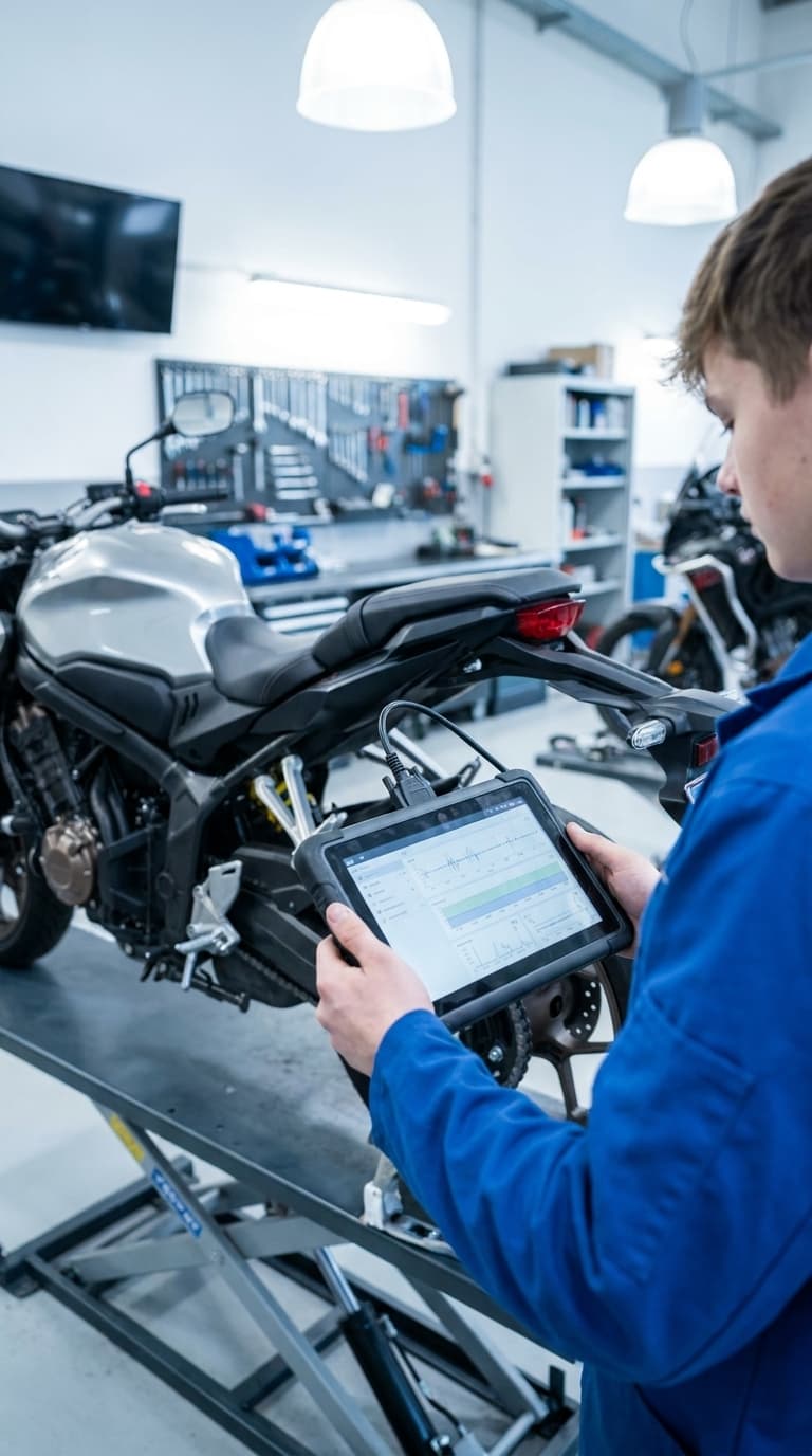 Zweiradmechatroniker prüft in einer Werkstatt ein Motorrad auf einer Hebebühne mit einem Diagnosegerät.