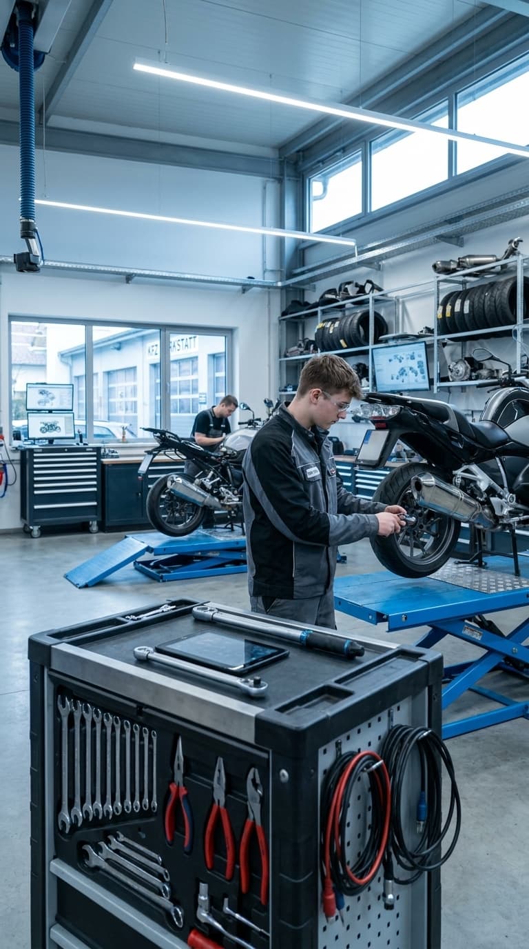 Zweiradmechatroniker arbeitet am Hinterrad eines Motorrads auf einer Hebebühne, im Vordergrund steht ein Werkzeugwagen.