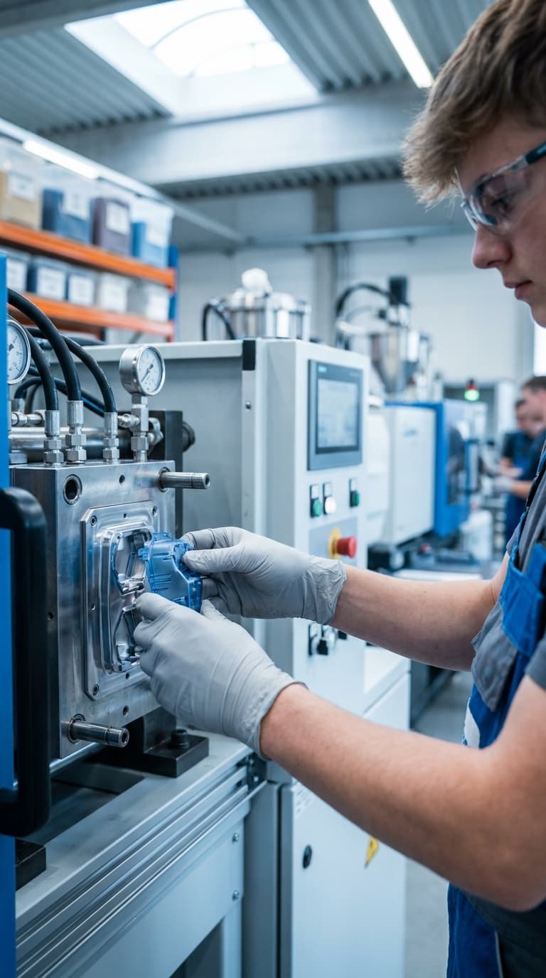 Ein Lehrling mit Schutzbrille und Handschuhen entnimmt ein blaues Kunststoffteil aus einer Spritzgussmaschine.