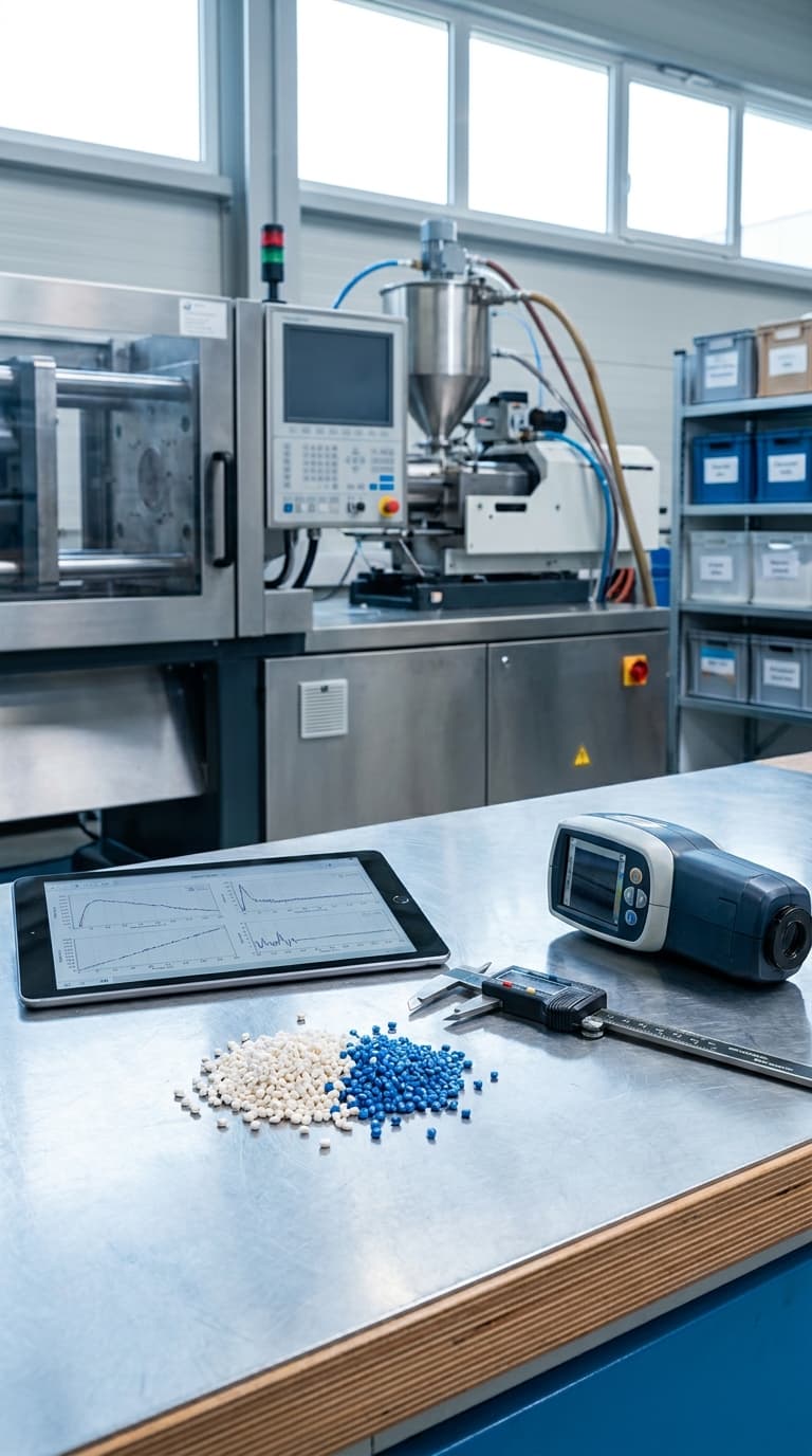 Kunststoffgranulat, Messschieber, Tablet und Messgerät auf einem Arbeitstisch vor einer Spritzgussmaschine.