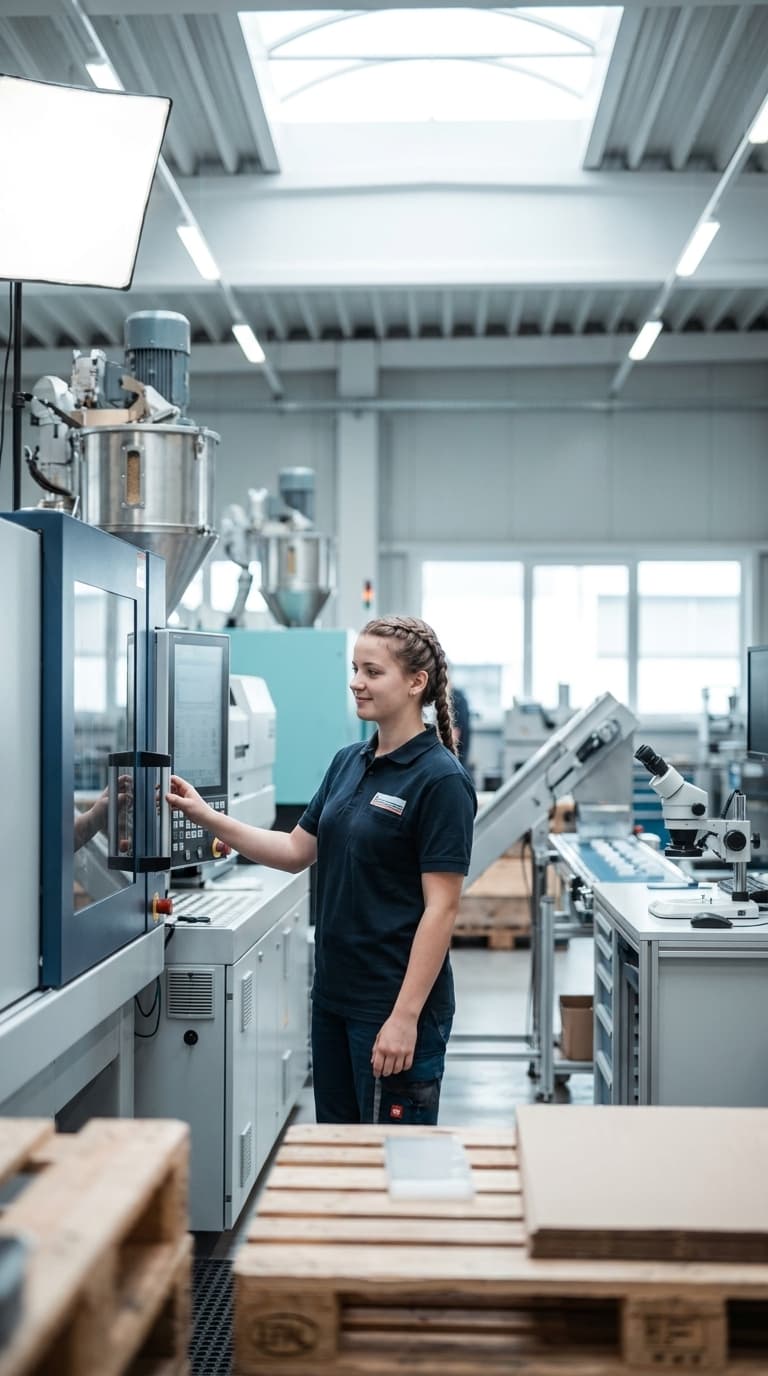 Eine junge Frau bedient das Display einer großen Produktionsmaschine in einer Werkshalle.