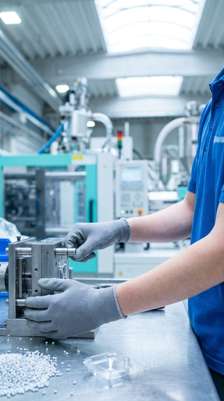 Eine Fachkraft montiert mit Schutzhandschuhen ein Spritzgusswerkzeug an einer Werkbank in einer Fabrikhalle.