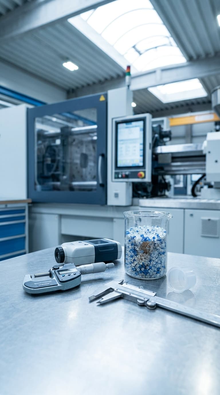 Messschieber, Bügelmessschraube und Kunststoffgranulat auf einem Metalltisch vor einer Industriemaschine.