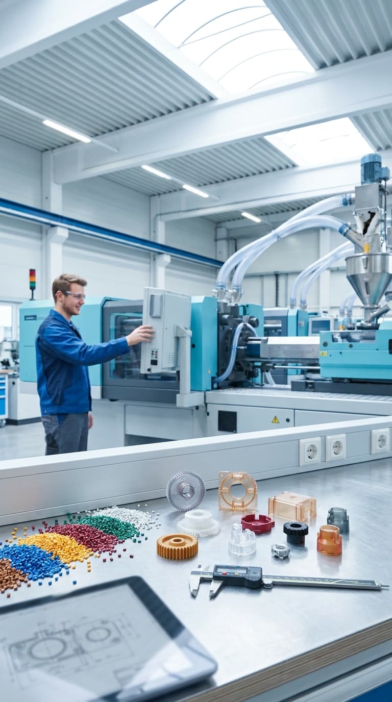 Ein Verfahrensmechaniker bedient eine Spritzgussmaschine; davor liegen bunte Kunststoffgranulate und gefertigte Bauteile.