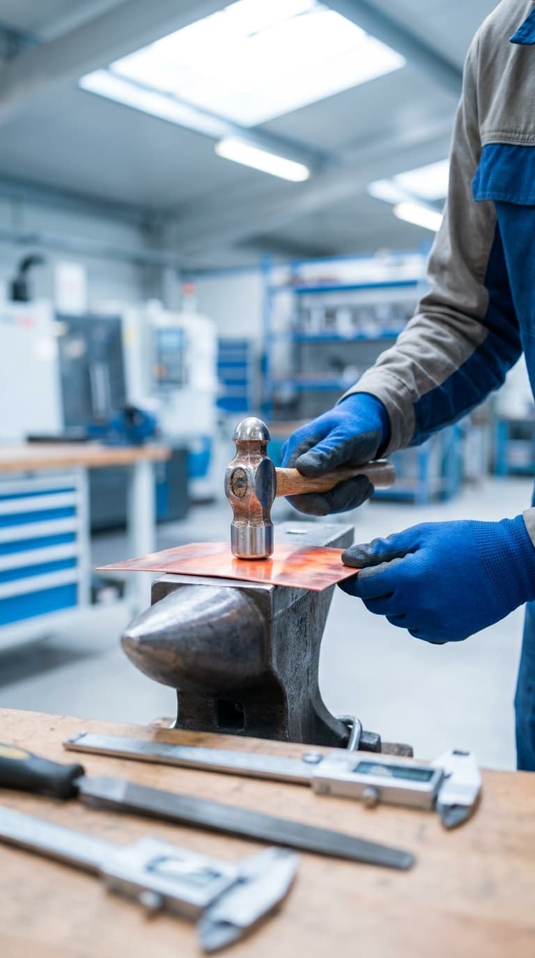 Fachkraft bearbeitet ein Kupferblech mit einem Hammer auf einem Amboss in einer Werkstatt.