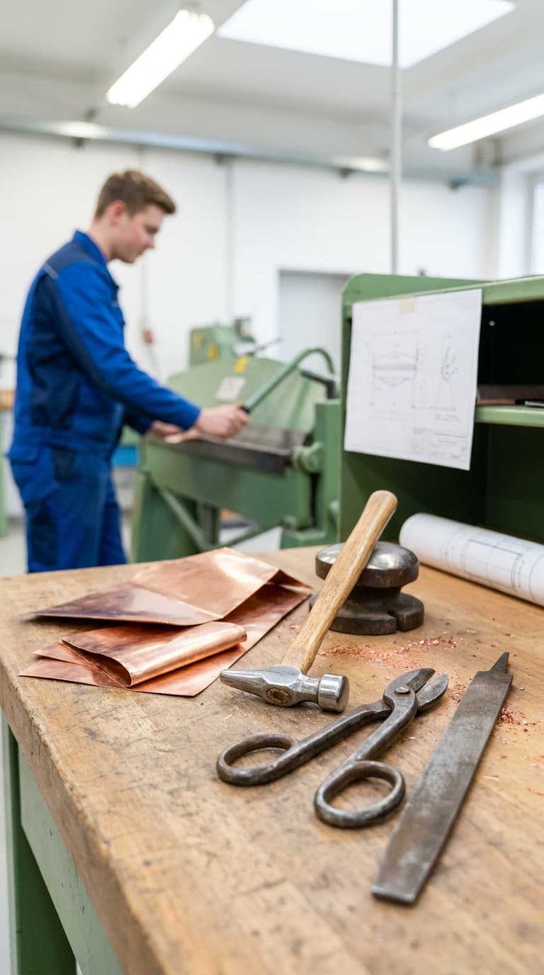 Spengler-Lehrling an einer Biegemaschine; auf der Werkbank vorne liegen Hammer, Blechschere und Kupferbleche.