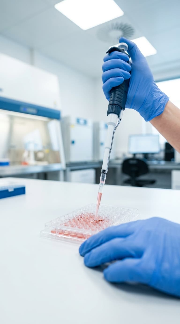 Laborfachkraft pipettiert im Labor rosa Flüssigkeit mit einer Mikropipette in eine Mikrotiterplatte.