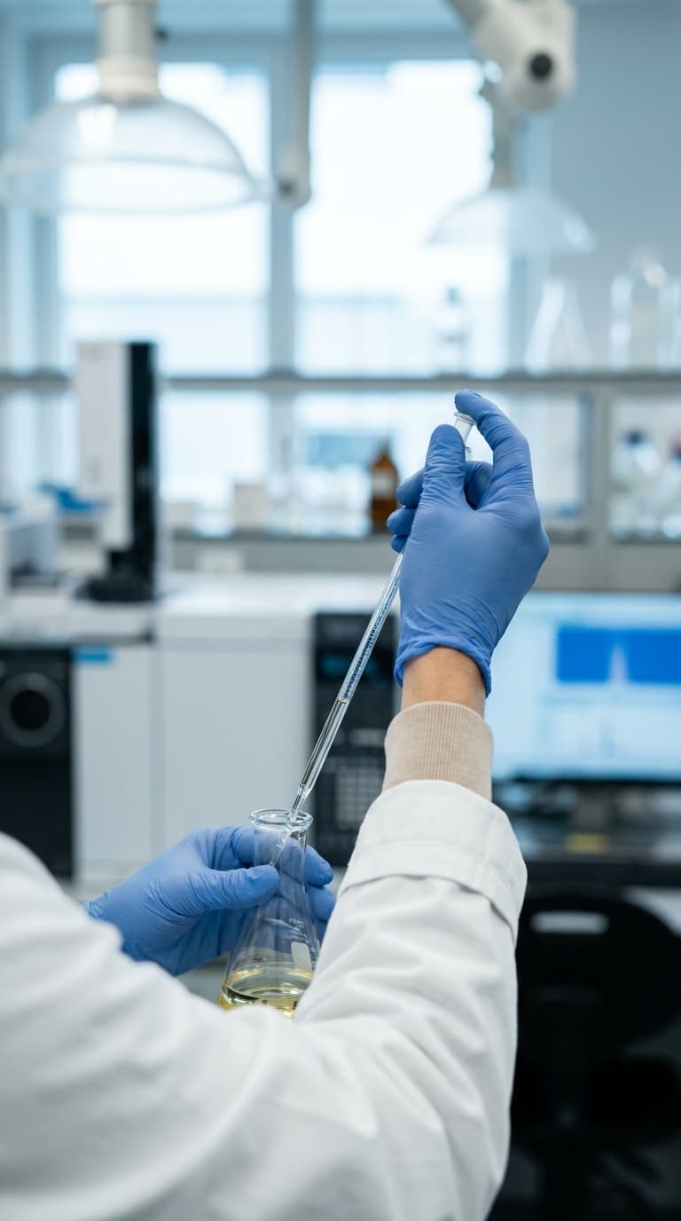 Laborfachkraft mit blauen Handschuhen pipettiert Flüssigkeit in einen Erlenmeyerkolben.