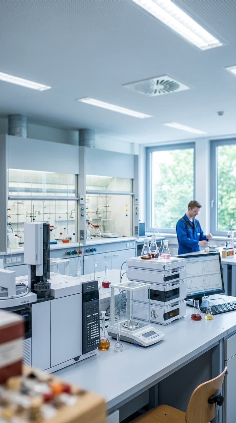 Chemielaborant arbeitet im Hintergrund eines hellen Labors mit Analysegeräten und Kolben im Vordergrund.
