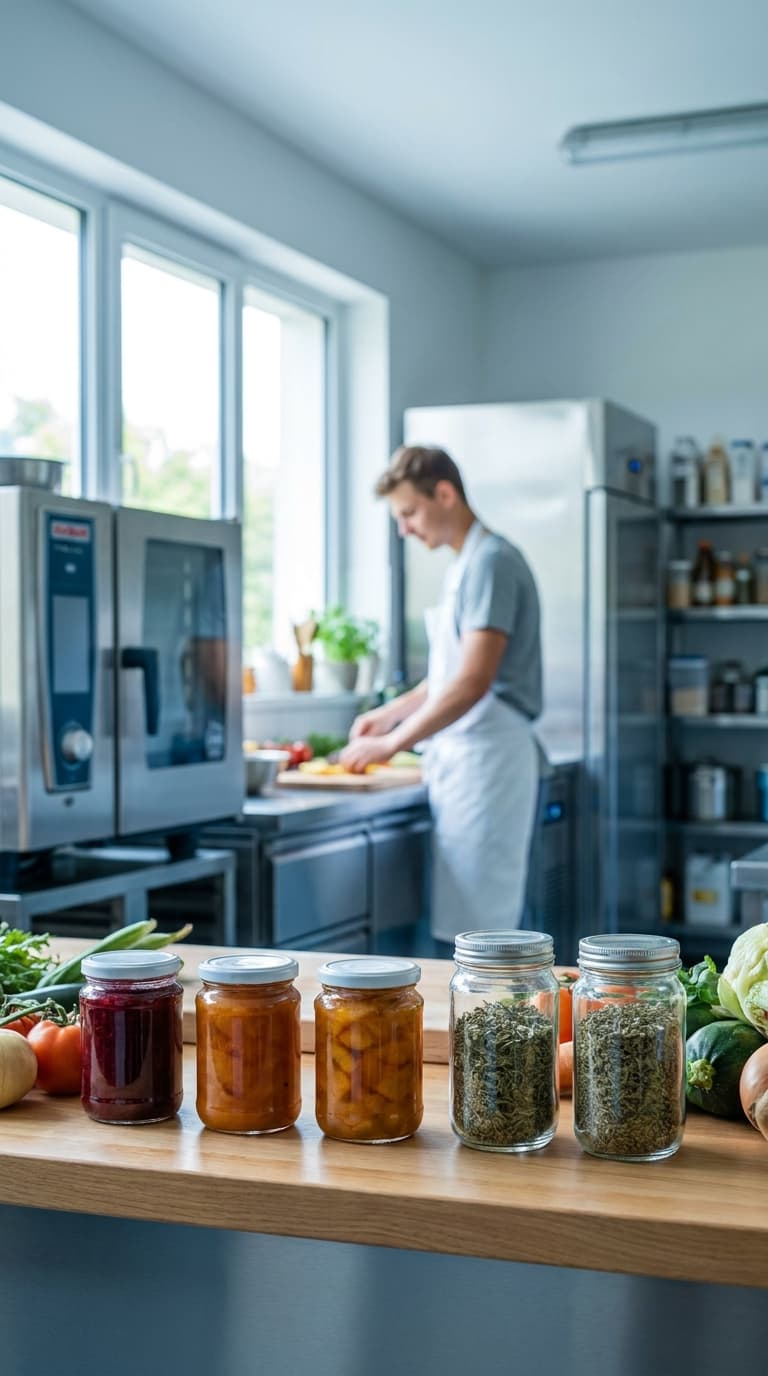 Ein Koch bereitet in einer Großküche Essen zu, während im Vordergrund Einmachgläser und getrocknete Kräuter stehen.