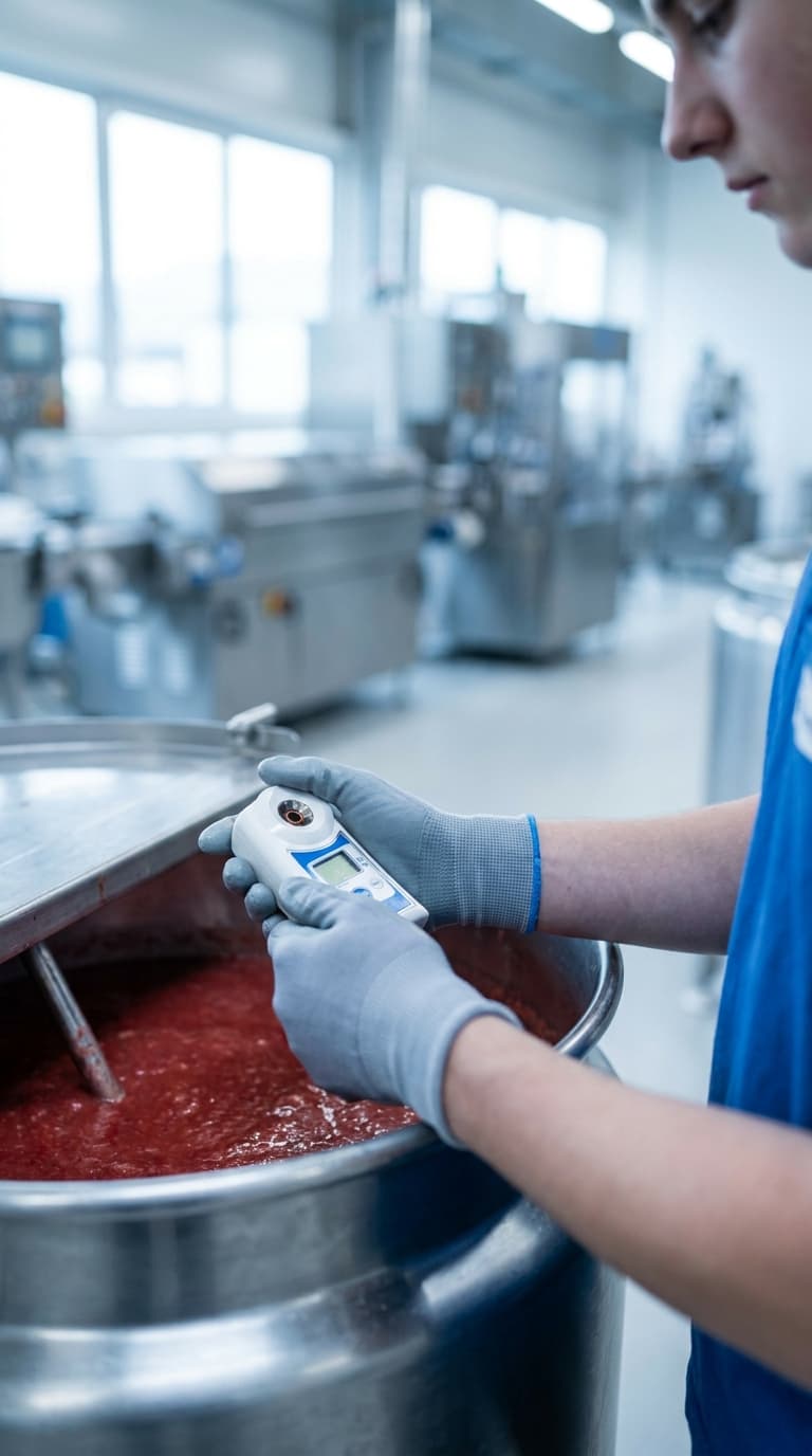 Mitarbeiter prüft rote Masse im Edelstahlbehälter mit einem Refraktometer in einer Lebensmittelproduktion.