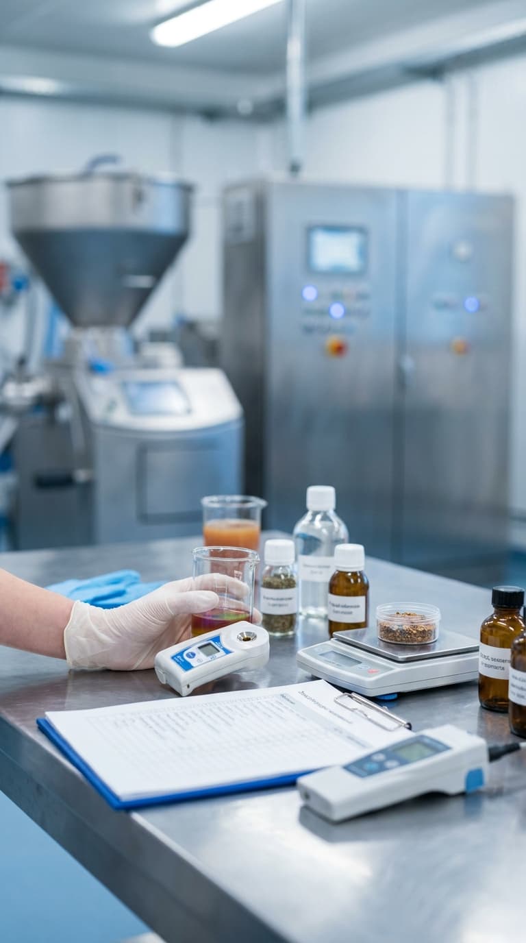 Eine Laborfachkraft untersucht eine Flüssigkeit mit einem Messgerät an einem Labortisch mit Proben und Waage.