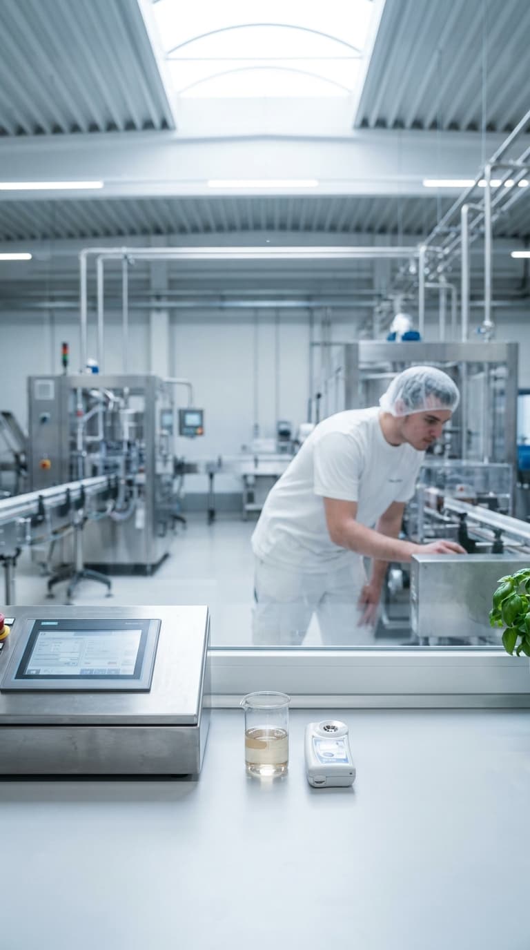 Ein Mitarbeiter mit Haarnetz bedient eine Abfüllanlage in einer hellen Produktionshalle.